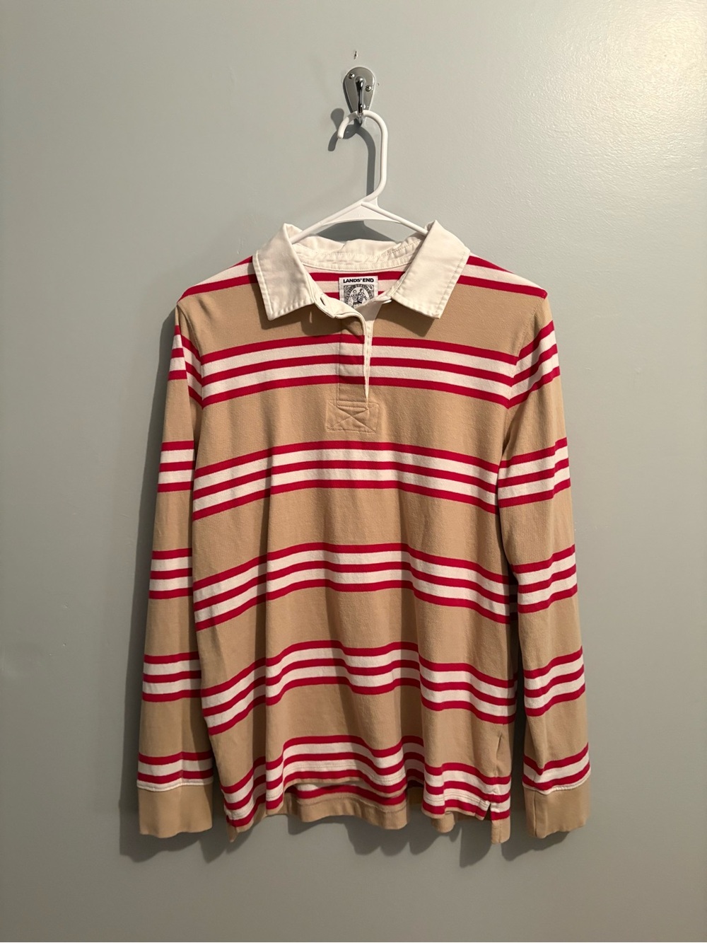 Lands’ End Rugby Polo Striped Cotton Pink Cream White 100% Cotton Medium 10 12